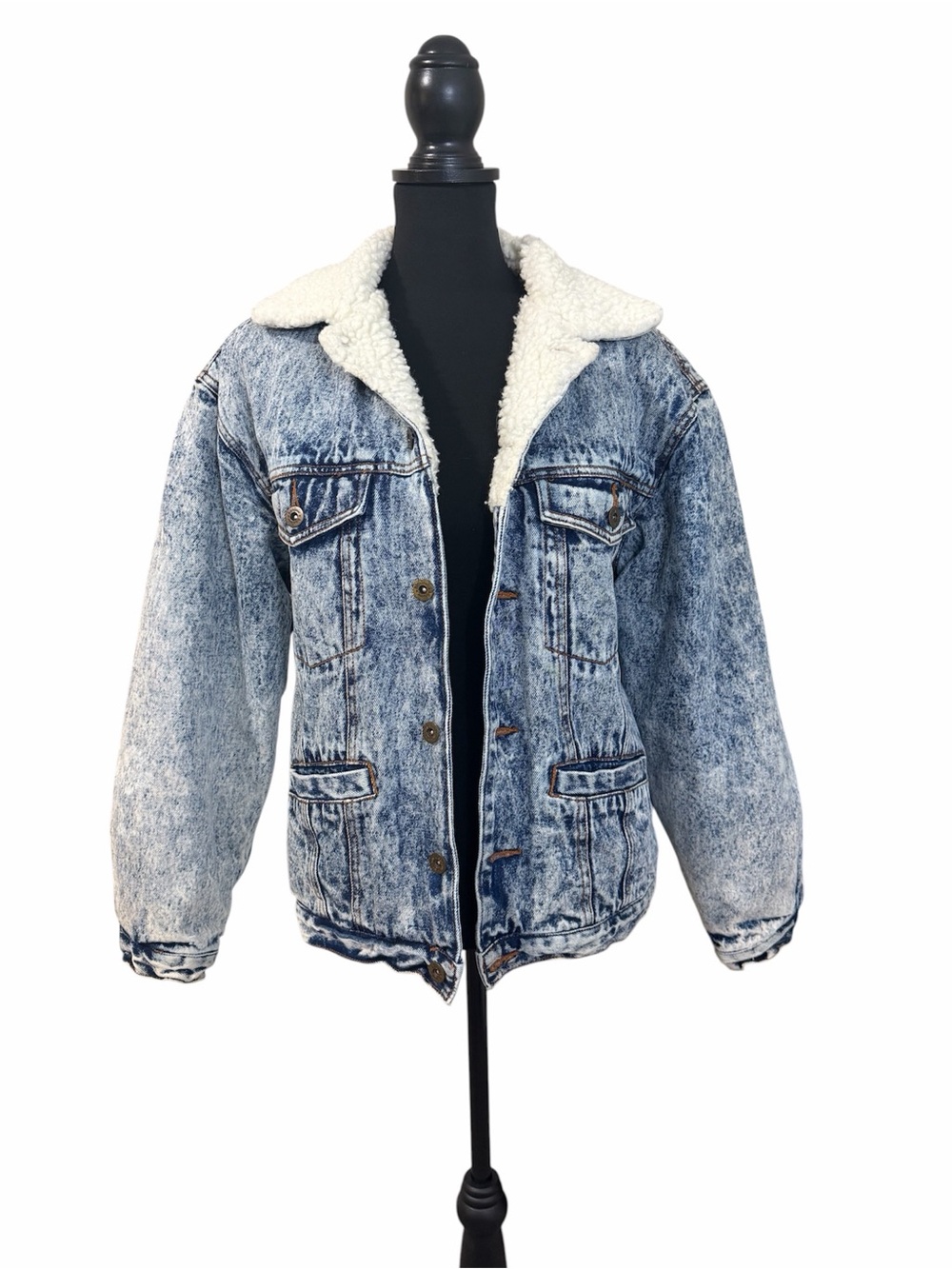 🍁Vintage 80s Bon Jour Acid Wash Sherpa Lined Denim Jacket Small